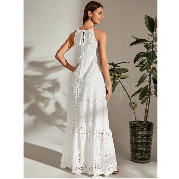 Eyelet White Halter Neck Maxi Dress A-Line Flowy Long Sleeveless - Picture 2 of 6